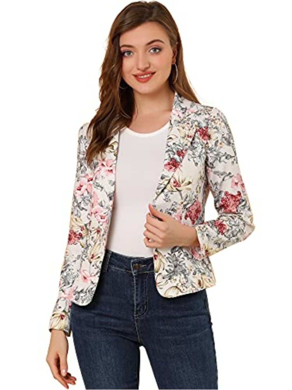 Womens Open Front Floral Blazer Jacket Long Sleeve Lined Office Casual